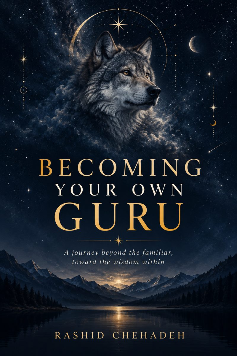 Cover of Becoming Your Own Guru: a wolf's face in a starry night sky above a mountain lake.