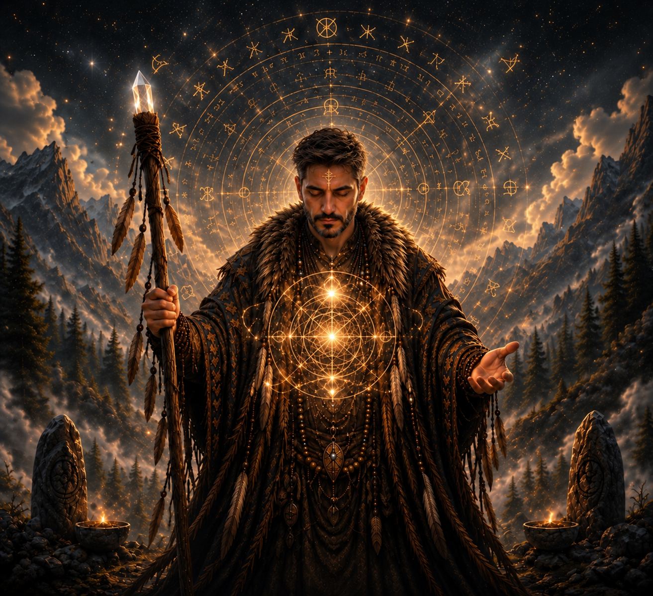 Rashid, the Wolf of Sedona, in a feathered robe holding a crystal staff, eyes closed, a glowing sacred-geometry mandala over his heart beneath a starry mountain sky.