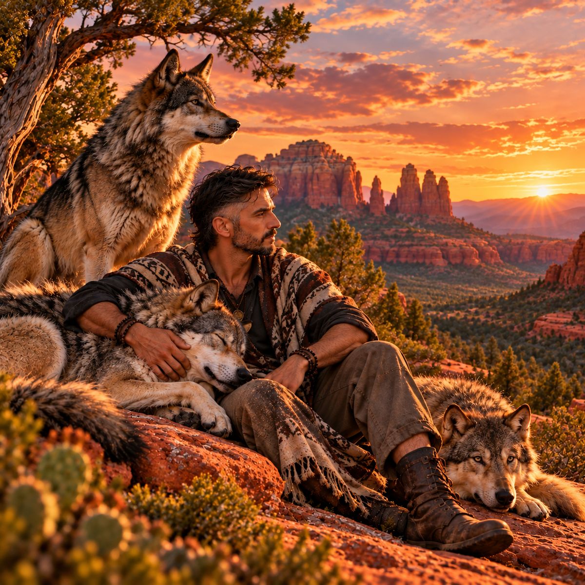 Rashid sitting on red rock above Sedona at sunset, one arm around a sleeping wolf, two more wolves resting beside him, the red rock spires glowing in the distance.