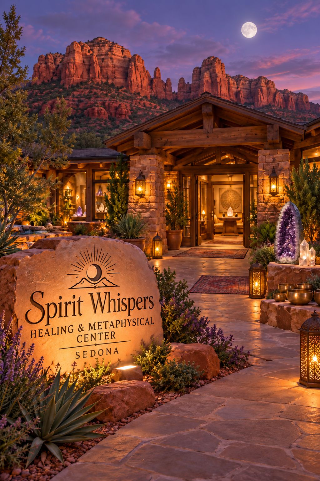 Vision of the Spirit Whispers Healing Center at dusk: a lantern-lit stone and timber lodge beneath Sedona's red rocks and a full moon, with a carved stone sign reading Spirit Whispers Healing & Metaphysical Center, an amethyst geode and singing bowls along the path.
